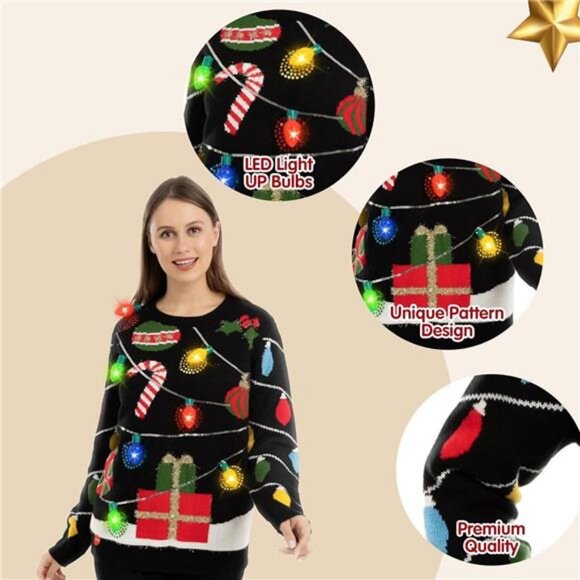 Womens LED Light Up String Light Ugly Christmas Sweater with Light Bulb Pullover - Picture 4 of 7